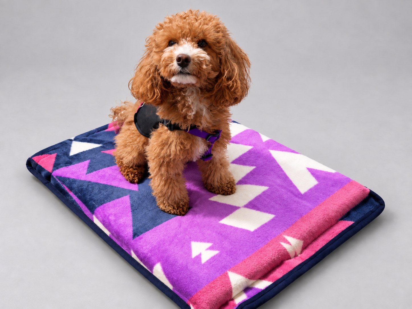 Small brown dog sitting on a purple patterned Small Flat Imitah bed